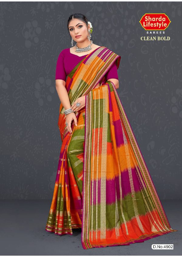 Clean Bold: Orange and Purple Mix Color Cotton Saree