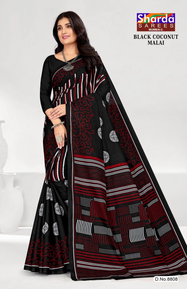 Black Saree with Red and White Print - Bold Sophistication