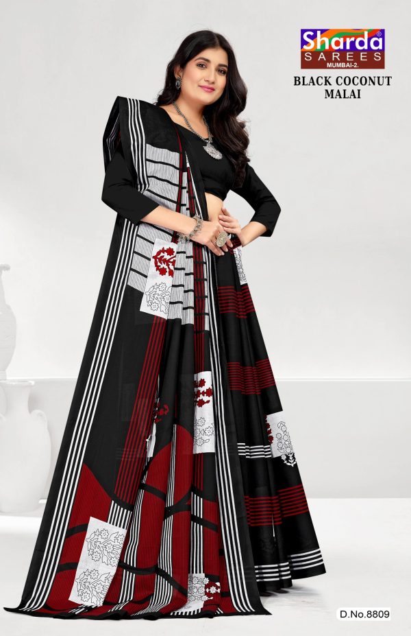 Black Saree with Red and White Flower Print - Timeless Charm