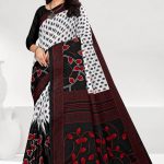 White Saree with Black and Red Flower Print - Elegant Beauty