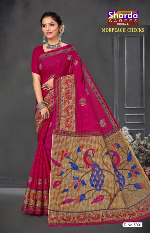 Pink Saree with Golden Pallu and Morpeach Checks - Luxurious Elegance