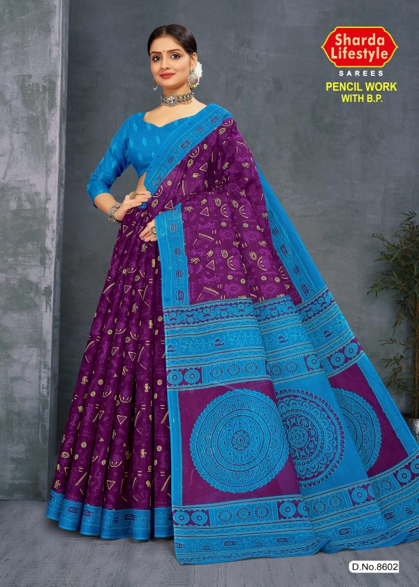 Purple Saree with Sky Blue Pallu - Elegant Contrast