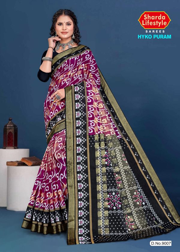 Brown Saree with White Print and Dark Green Pallu - Sophisticated Charm