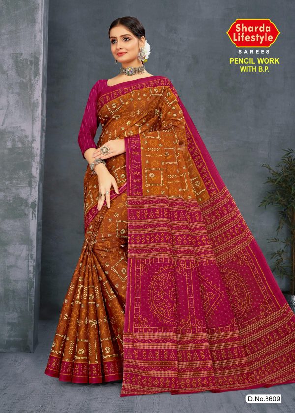 Brown Saree with Pink Border - Subtle Elegance