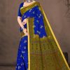 Royal Blue Saree with Golden Prints and Olive Green Pallu - Udaipur Gadhwal