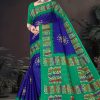 Blue Printed Saree with Green Pallu - Crush Batick Chokda