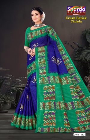 Blue Printed Saree with Green Pallu - Crush Batick Chokda
