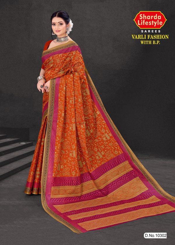 Orange Printed Saree with Multicolour Pallu - Varli Fashion with B.P