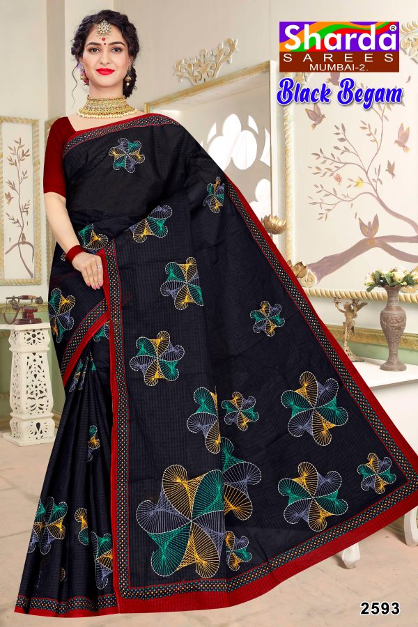 Black Saree with Multicolour Flower Design and Red Border - Black Begam