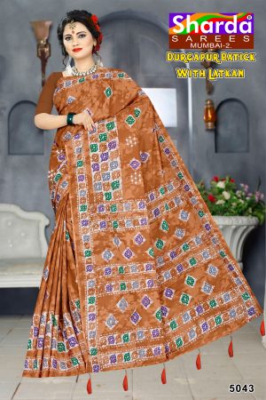 Orange Bandhani Saree with Blocks - Durgapur Batick with Latkan
