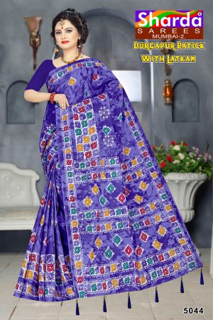 Violet Bandhani Saree with Blocks - Durgapur Batick with Latkan