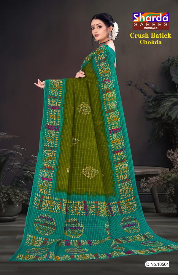 Olive Green Printed Saree with Golden Patches - Crush Batick Chokda