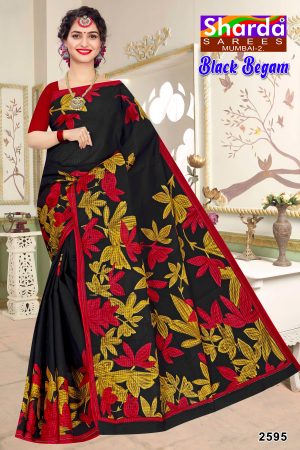 Black Saree with Flower Design - Black Begam