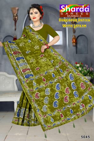 Olive Green Bandhani Saree with Multicolour Patchwork - Durgapur Batick with Latkan