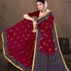 Red Saree with Golden Print and Greyish Pallu - Udaipur Gadhwal