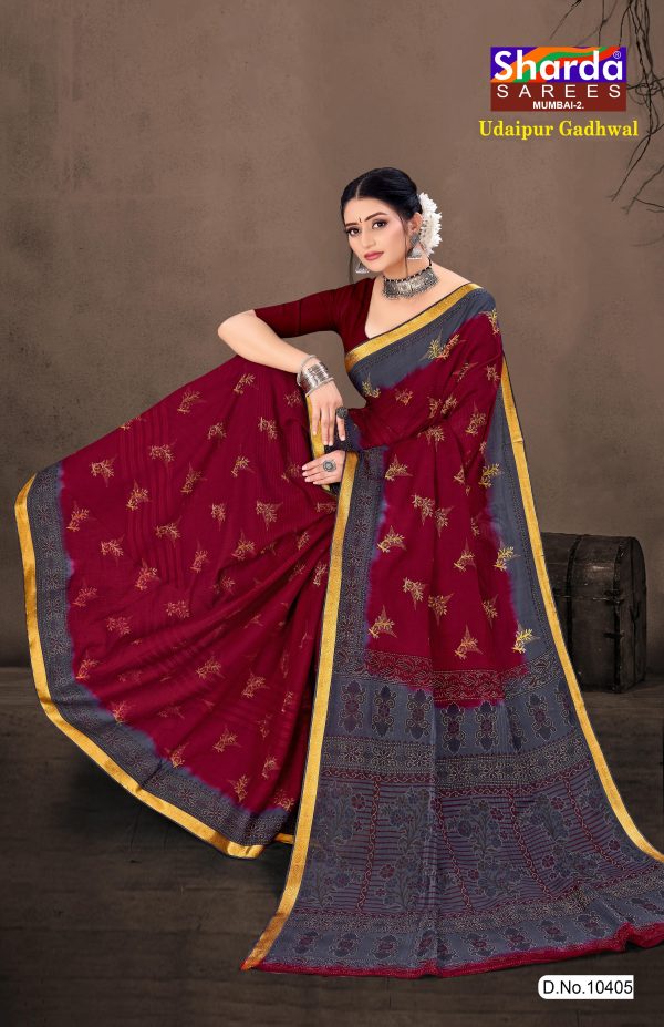 Red Saree with Golden Print and Greyish Pallu - Udaipur Gadhwal