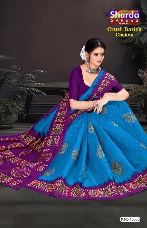 Blue Saree with Golden Print and Purple Pallu - Crush Batick Chokda