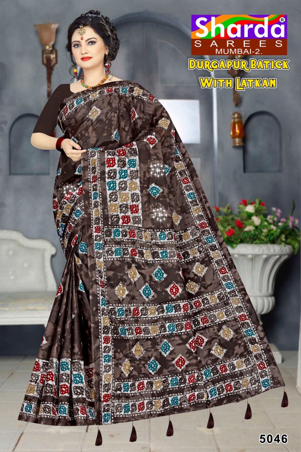 Brown Bandhani Saree with Multicolour Blocks - Durgapur Batick with Latkan