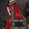 Red Saree with Flower Design and Black Pallu - Crush Batick Chokda