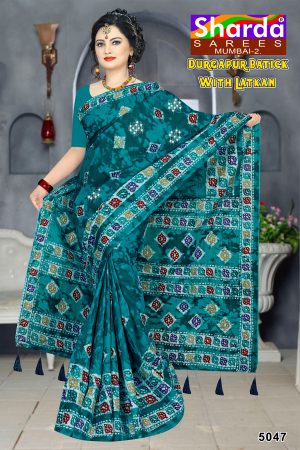 Peacock Colour Bandhani Saree with Multicolour Blocks - Durgapur Batick with Latkan