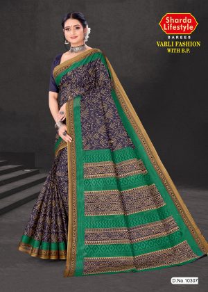 Golden Printed Saree with Green Pallu - Varli Fashion with B.P