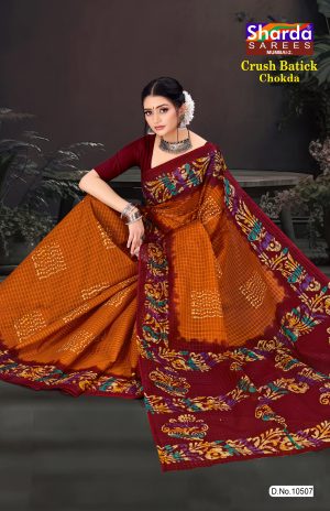 Orange Saree with Flower Design and Maroon Pallu - Crush Batick Chokda
