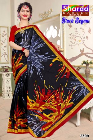 Black Saree with Red and Yellow Border - Black Begam