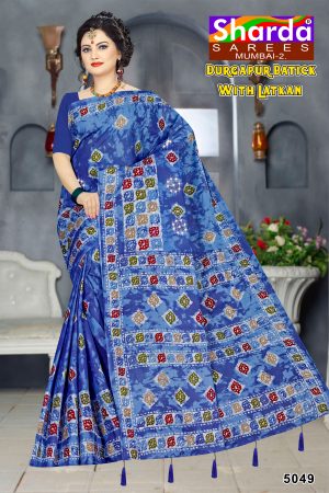 Blue Colour Bandhani Saree with Multicolour Blocks - Durgapur Batick with Latkan