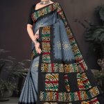 Grey Saree with Flower Design and Black Pallu - Crush Batick Chokda