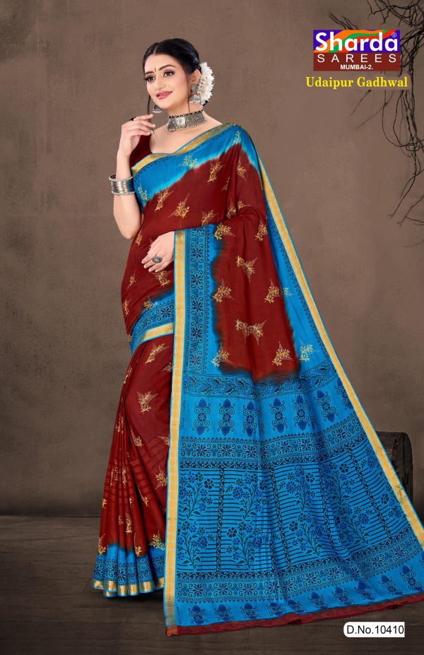 Maroon Saree with Sky Blue Pallu - Udaipur Gadhwal