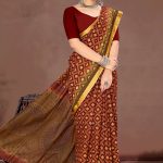 Maroon Saree with Golden Block Print - Relex Gadhwal