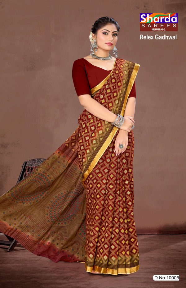 Maroon Saree with Golden Block Print - Relex Gadhwal