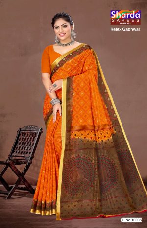 Orange Saree with Block Print - Relex Gadhwal