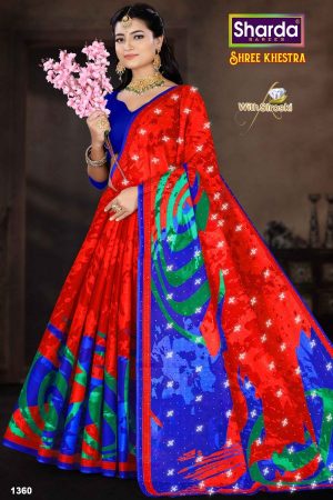 Shree Khestra Red & Blue Cotton Saree with Siroski Accents