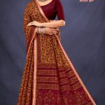 Gadhwal Meenakari Cotton Saree with Maroon and Mehndi Floral Design