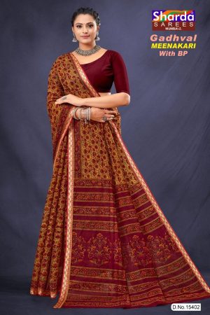 Gadhwal Meenakari Cotton Saree with Maroon and Mehndi Floral Design