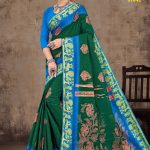 Copper Crystal Stone Cotton Saree in Green & Blue with Rich Design