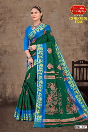 Copper Crystal Stone Cotton Saree in Green & Blue with Rich Design