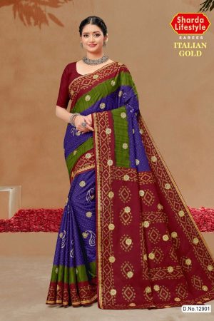 ITALIAN GOLD Cotton Saree in Dull Red, Green, and Blue with Stylish Design