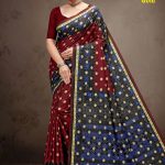 New Italian Gold Cotton Saree with Deep Maroon and Blue Color and Luxurious Design