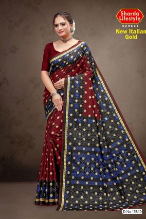 New Italian Gold Cotton Saree with Deep Maroon and Blue Color and Luxurious Design