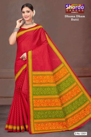 Dhama Dham Butti Cotton Saree in Red and Yellow with Simple Design