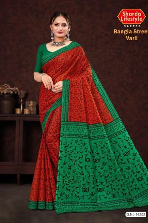 Close-up of Varli Accent Design on Bangla Street Cotton Saree in Red & Green