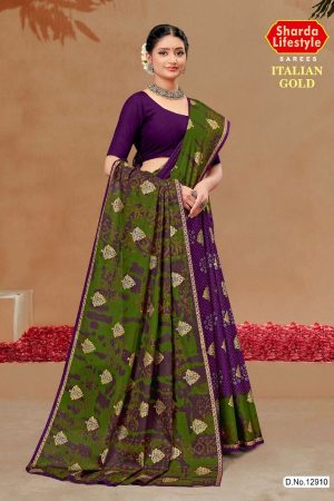 ITALIAN GOLD Cotton Saree in Royal Purple and Dark Chutney Green with Stylish Design