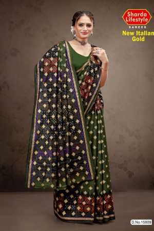 New Italian Gold Cotton Saree with Deep Green and Black Color and Luxurious Design