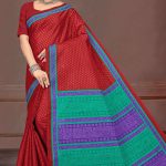 Model Wearing Dhama Dham Butti Cotton Saree in Red & Blue