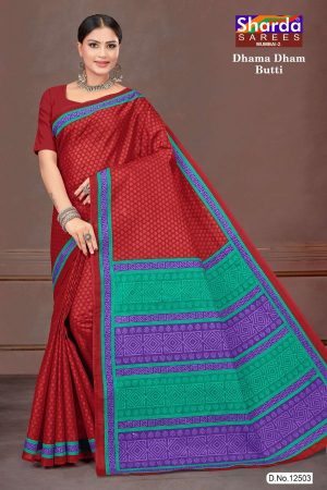 Model Wearing Dhama Dham Butti Cotton Saree in Red & Blue