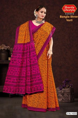 Model Wearing Bangla Street Varli Cotton Saree in Orange & Purple