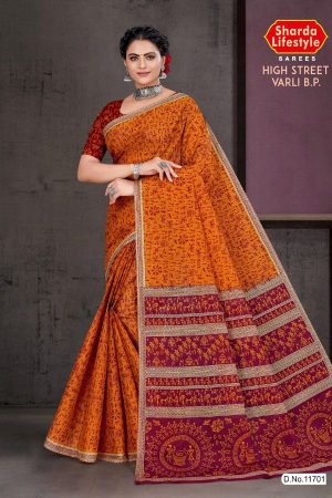 High Street Varli B.P Cotton Saree in Orange and Red with Accent Design