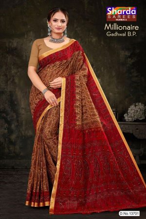 Millionaire Gadhwal cotton saree in cream and dark red with gorgeous design